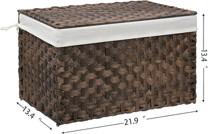 Wicker Storage Basket with Lid, 17.2 Gallon (65L) Small Blanket Basket with Lid, Woven Storage Bin with Handles, Removable Liner, Metal Frame, Foldable, for Bedroom, Laundry Room, Brown
