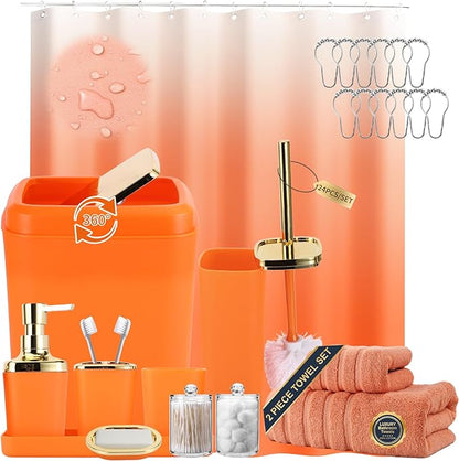 Orange Bathroom Accessories, 24 Pieces Orange and Gold Bathroom Accessories Set with Shower Curtain, Bath Towels, Trash Can, Soap Dispenser and Soap Dish for Bathroom/Housewarming