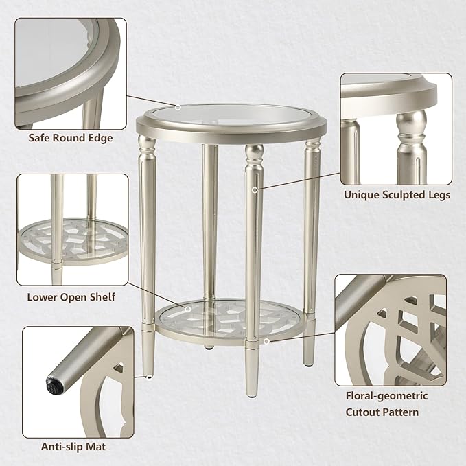 COSIEST Set of 2 Modern Round End Table, 2-Tier Glass Side Table with Glass Tabletop, Wood Accent Table with Storage Shelf for Living Room, Bedroom