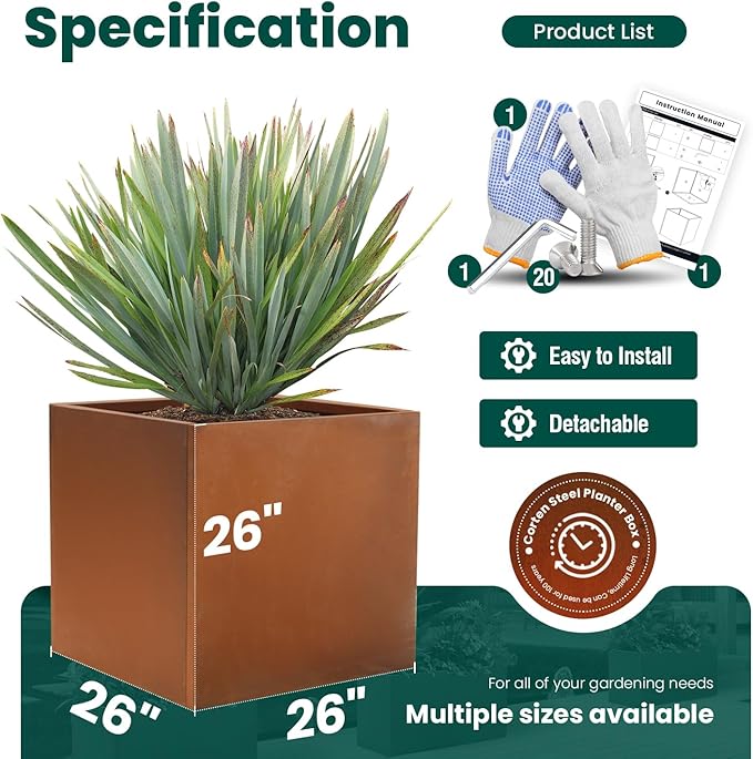 Corten Steel Planter Box Metal Square Planters Steel Large Planter Outdoor Tall Plant Durable Antique Detached for Commercial Residential Patio Deck and Backyard 26 Inch