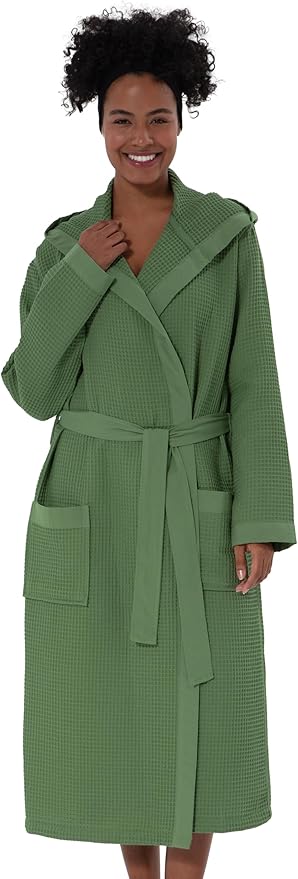 Women’s Luxury Waffle Shawl Collar, Hooded Robe w Piping – Lightweight, Long, Ultra Soft Spa Sleepwear Bathrobe