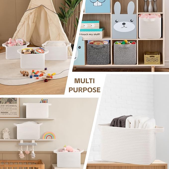 Storage Basket for Organizing, Woven Baskets for Storage, Rectangle Decorative Baskets for Shleves, Closet, Toys, Books, Nursery Organizer Bins - Pack of 3 (White)