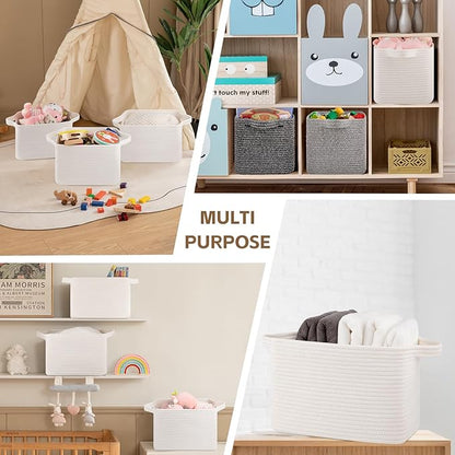 Storage Basket for Organizing, Woven Baskets for Storage, Rectangle Decorative Baskets for Shleves, Closet, Toys, Books, Nursery Organizer Bins - Pack of 3 (White)