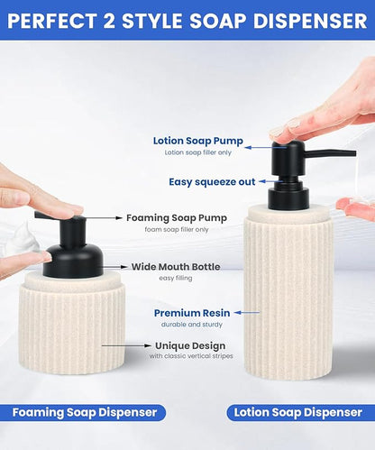 Beige Bathroom Accessory Set - 6 Pcs: Toothbrush Holder, Lotion & Foaming Soap Dispensers, Qtip Holder, Vanity Tray, Bathroom Tumbler - Countertop Organizer