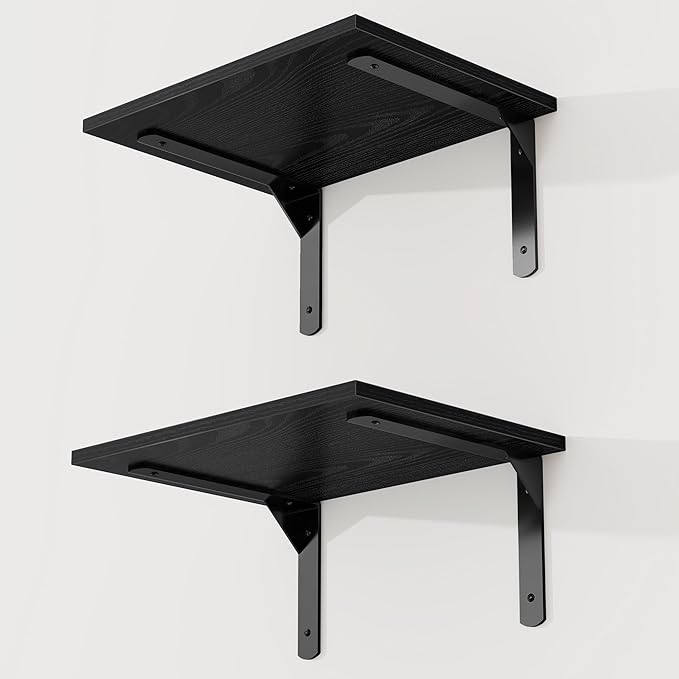 16" W x 12" D Black Floating Shelves for Wall, 12 Inch Deep Floating Shelf with Visible Bracket, Rustic Wood Bookshelf Wall Mounted, Deep Bathroom Shelves for Storage, Set of 2