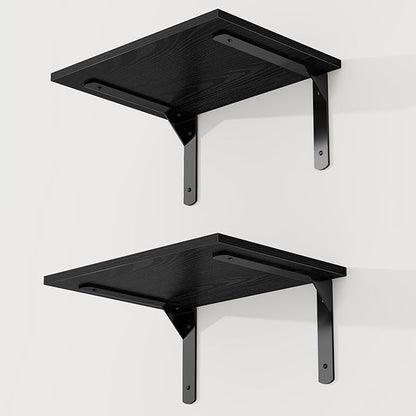 16" W x 12" D Black Floating Shelves for Wall, 12 Inch Deep Floating Shelf with Visible Bracket, Rustic Wood Bookshelf Wall Mounted, Deep Bathroom Shelves for Storage, Set of 2