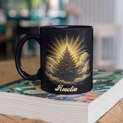 Spiritual Nature Themed Ceramic Cup, Custom Name Coffee Mug 11oz or 15oz, Personalized Pine Tree Black Cup for Christmas, Custom Winter Season Coffee Mug, Gifts for Friends, Family