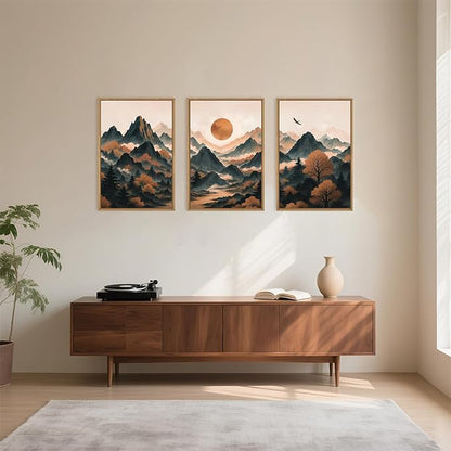 Celestdeco Large Boho Mountain Framed Canvas Wall Art Set, Brown Ridge Landscape Wall Decor, Pine Tree Scenery Wall Painting, Abstract Wilderness Art Print for Living Room, Bedroom, Office - 24"X36"X3