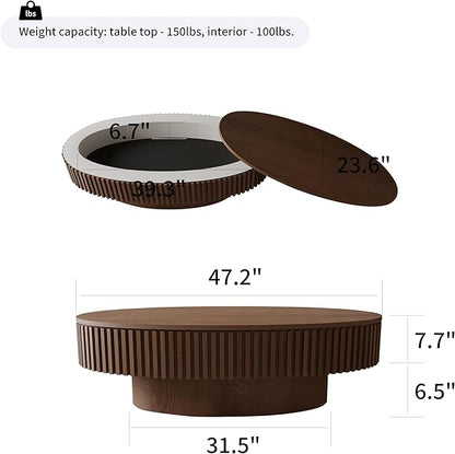 47.2''Oval Coffee Table with Storage, Mid Century Modern Fluted Drum Center Tables with Lid, Solid Wood Side Pedestal Coffee Table Tea Table for Living Room, Bedroom, Apartment-Walnut