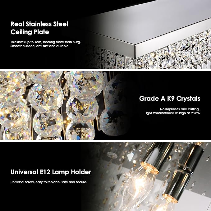 Siljoy Modern Crystal Chandelier 8-Lights Rectangular Flush Mount Pendant Ceiling Light Fixture Rectangle K9 Crystal Raindrop Chandelier for Dining Living Room Kitchen Island L40'' x W10'' x H10'