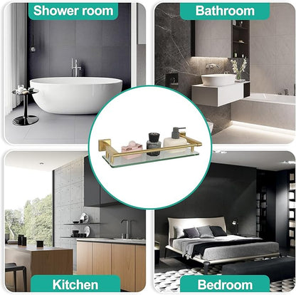 16 Inch Brusheld Gold Bathroom Glass Shelves with Stainless Steel Railing, Tempered Floating Glass Modern Decoration Bathroom Shelf Sink Over Toilet