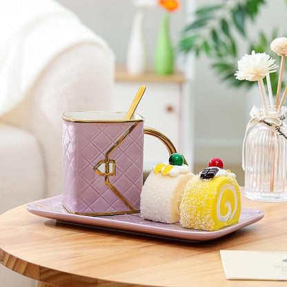 Zubebe 1 Set Coffee Mug Elegant Handbag Shaped Cup Modern Ceramic Purse Mug with Spoon and Saucer, 10oz Cute Creative Tea Cup for Office Home Woman Girls Gift (Purple)