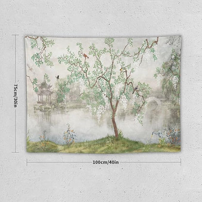 HZOHNAGO Japanese Tapestry Tree Misty Garden Lake Printed Wall Tapestry Ink Painting Wall Hanging for Bedroom Living Room Dorm 40" W x 30" H