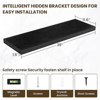 36 Inch Floating Shelves, 12 Inch Deep Floating Shelves for Wall, Floating Shelf with Invisible Brackets, Deep Shelves for Bathroom, Bedroom, Living Room, 2 Pack, Black