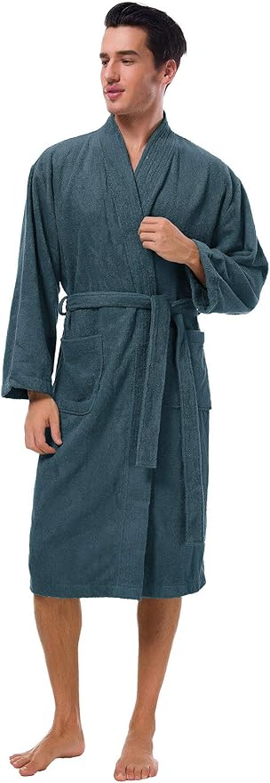 SIORO Mens Robe Terry Cloth Kimono Bathrobe Cotton Soft Shower Towel Bath Robes Calf Length Housecoat for Spa Hotel Hot Tub