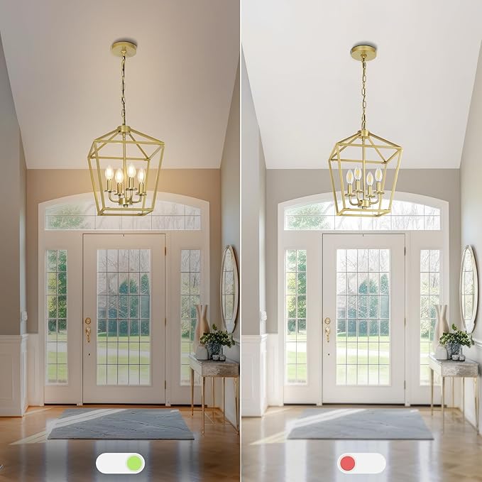 4 Light Gold Chandelier, Industrial Ceiling Light Lantern Light Fixtures with Farmhouse Metal Cage Adjustable Height Rustic Geometric Hanging Light E12 Base for Kitchen Island, Entryway, Indoor