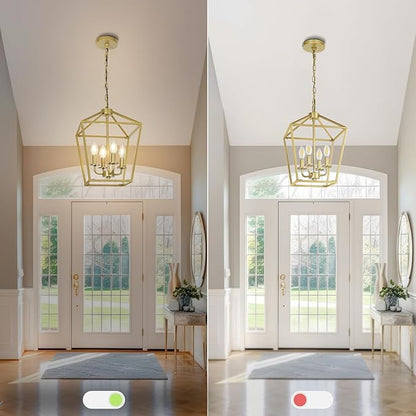 4 Light Gold Chandelier, Industrial Ceiling Light Lantern Light Fixtures with Farmhouse Metal Cage Adjustable Height Rustic Geometric Hanging Light E12 Base for Kitchen Island, Entryway, Indoor