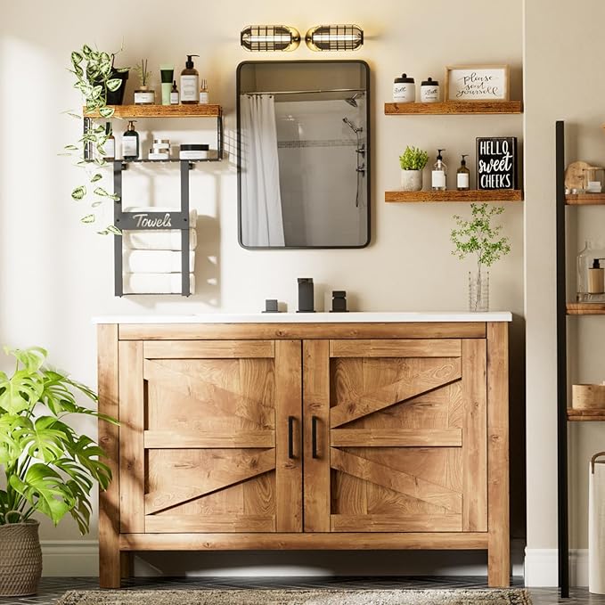 Bathroom Shelves Over Toilet - Floating Shelf for Wall Above Toilet Towels Holder Small Farmhouse Decor Shelves (15.7 inch, Set of 3, Rustic Brown)