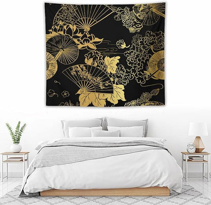 HZOHNAGO Japanese Tapestry Gold Flowers Umbrella Fan Pattern Printed Wall Tapestry Painting Wall Hanging for Bedroom Living Room Dorm 60" W x 50" H