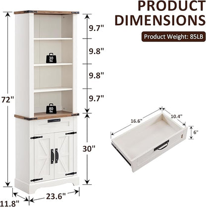 OKD 72'' Tall Bookshelf with Storage, Farmhouse 4 Tier Bookcase with Barn Door, Adjustable Shelves and Drawers, Rustic Wooden Office Bookshelves for Home Bedroom, Living Room, Library Antuique White