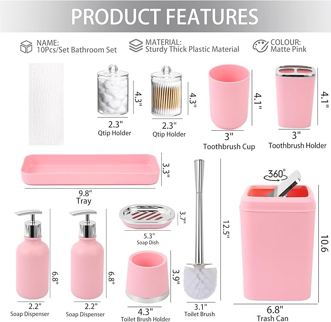 Pink Bathroom Accessories Set - 10 Piece Bathroom Set with Trash Can and Toilet Brush, Soap Dispenser, Toothbrush Holder and Cup, Soap Dish, and Qtip Holder, for Housewarming Gift