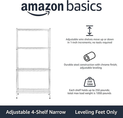 Amazon Basics 4-Shelf Adjustable, Storage Shelving Unit, (200 Pound Loading Capacity per Shelf), Steel Organizer Wire Rack, 13.4"D x 23.2"W x 48"H, Chrome