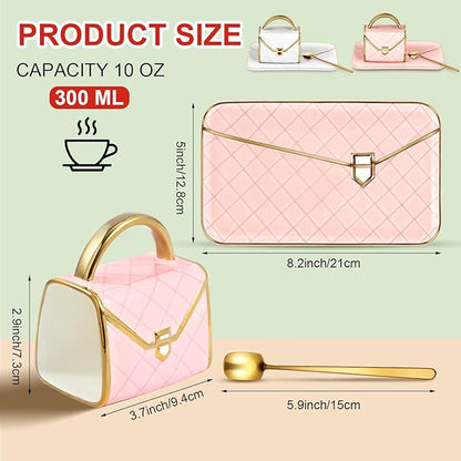 Zubebe 2 Sets Coffee Mug Elegant Handbag Shaped Cup Modern Ceramic Purse Mug with Spoon and Saucer, 10oz Cute Creative Tea Cup for Office Home Woman Girls Gift (Pink and White)