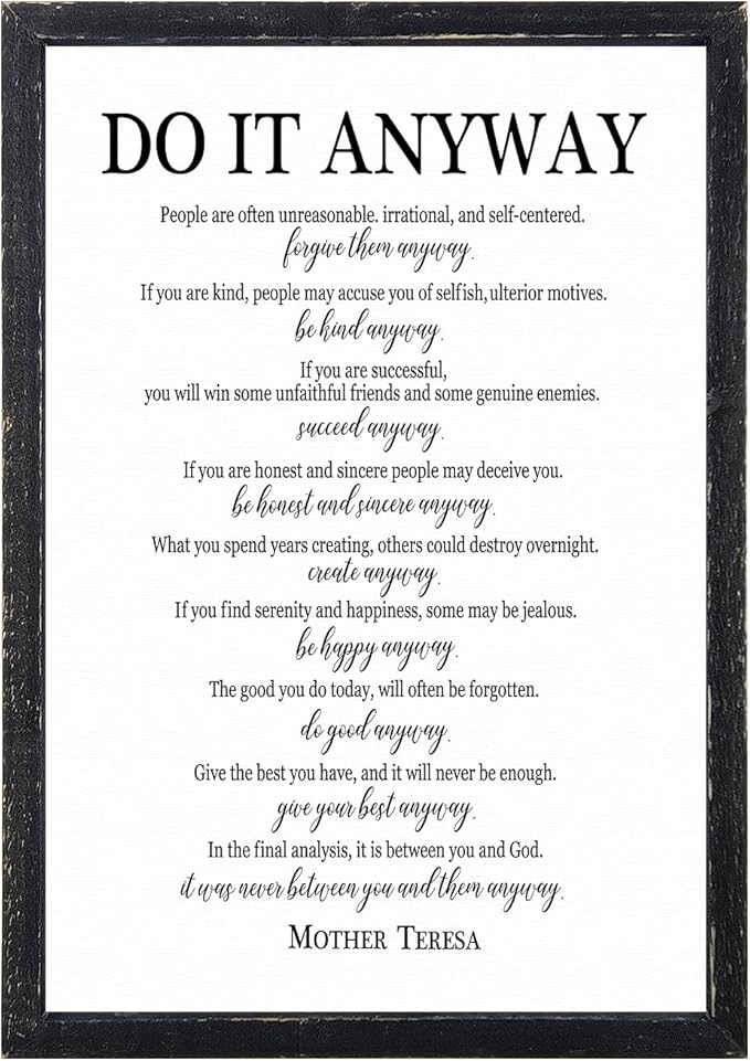 Do It Anyway Mother Teresa Wall Art Decor 16x11 Inch Wooden Framed Wall Hanging Sign (Black)