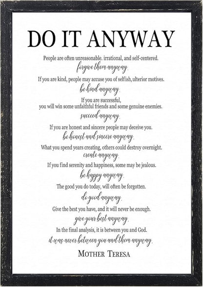 Do It Anyway Mother Teresa Wall Art Decor 16x11 Inch Wooden Framed Wall Hanging Sign (Black)