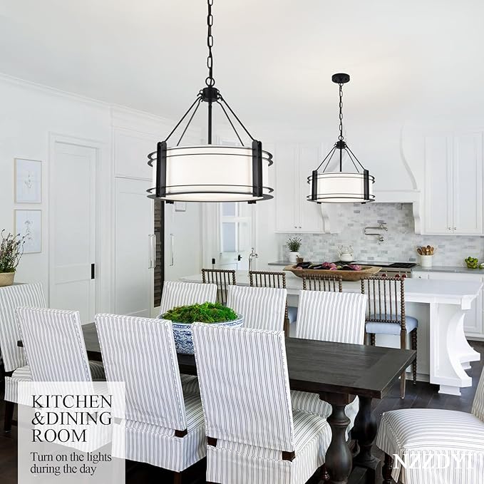 16.3''Black Drum Chandelier 3-Light Modern Farmhouse Chandelier with White Fabric Shade Adjustable Drum Pendant Light Fixture for Dining Room Kitchen Island Hallway Living Bedroom