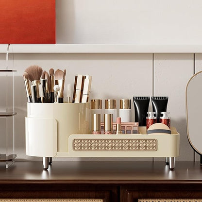 Rotating Makeup Organizer Countertop,Large Capacity Makeup Organizers for Vanity,2 in 1 makeup storage organizer for Bathrooms,Cosmetic Display Case(Cream)