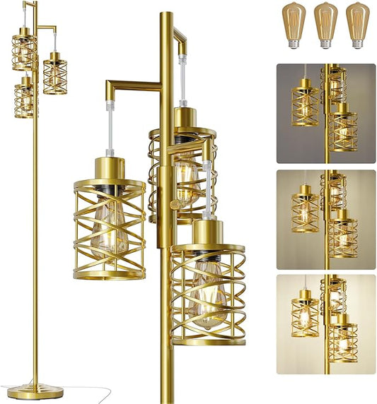 Oneach 70" Industrial Floor Lamp, Stepless Dimmable Standing Lamp with 3 Bulbs, Farmhouse Corner Standing Tree Lamp for Living Room, Tall Lamps for Bedroom, Office, Study Room, Dining Room, Gold