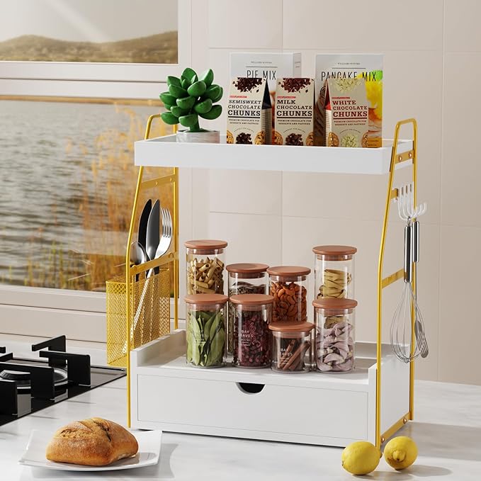 2 Tier Bathroom Counter Organizer with Drawer & Basket, Wooden Vanity Tray Countertop Shelf Accessories for Makeup Storage, Coffee Bar Station, Perfume Skincare, Kitchen, Bedroom (White)