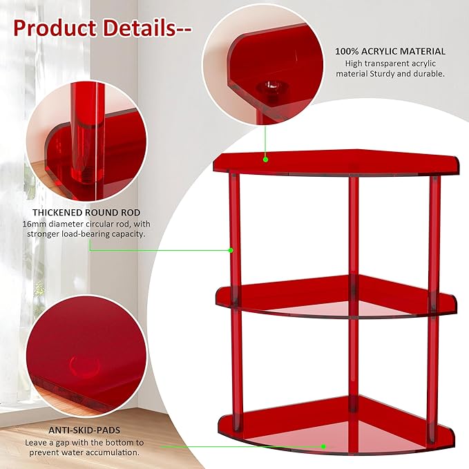 3 Tier Acrylic Corner Shelf Organizer Storage 9.5x9.5x15.7 Inch, Red Countertop Corner Shelf for Bathroom, Kitchen, Bedroom, Office, Study Room
