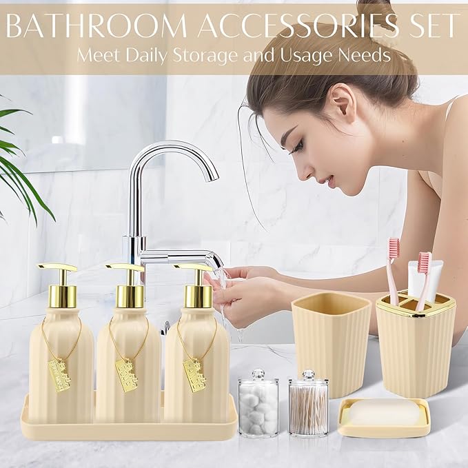 17PCS Bathroom Accessory Set Bathroom Set Beige Bathroom Accessories,Toilet Brush, Trash Can, Qtip Holder Dispenser& 3PCS Soap Dispenser