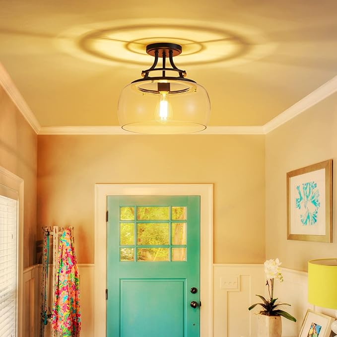 WUZUPS Chandelier Rustic Farmhouse Industrial Round Semi-flushmount Ceiling LED Light Fixture with Clear Glass Shades for Bathroom Kitchen Foyer Entryway, H 11.8" x W 13.4", E26 Base, Black