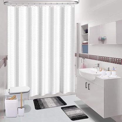 White Bathroom Sets Accessories with Waffle Shower Curtain and Bath Mats,Bathroom Sets with Trash Can,Toothbrush Holder,Toothbrush Cup,Soap Dispense,Tray,Soap Dish,Toilet Brush,Qtip Holder