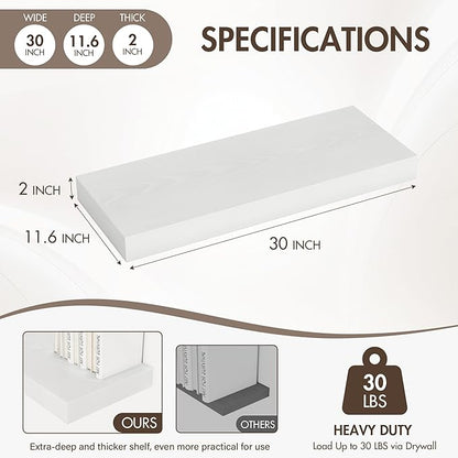 30 Inch Floating Shelves, 12" Deep Floating Shelf Wall Mounted, 30" Wall Shelves, Rustic Deep Bookshelf, Extra Deeper & Thicker Display Shelves for Bedroom, Living Room, White, Set of 2