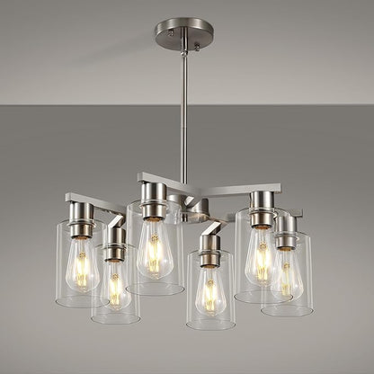 6-Light Farmhouse Brushed Nickel Chandelier,Modern Chandeliers for Dining Room Light Fixture Over Table,Adjustable Hanging Industrial Rustic Pendant Lights Kitchen Island Light with Clear Glass Shade