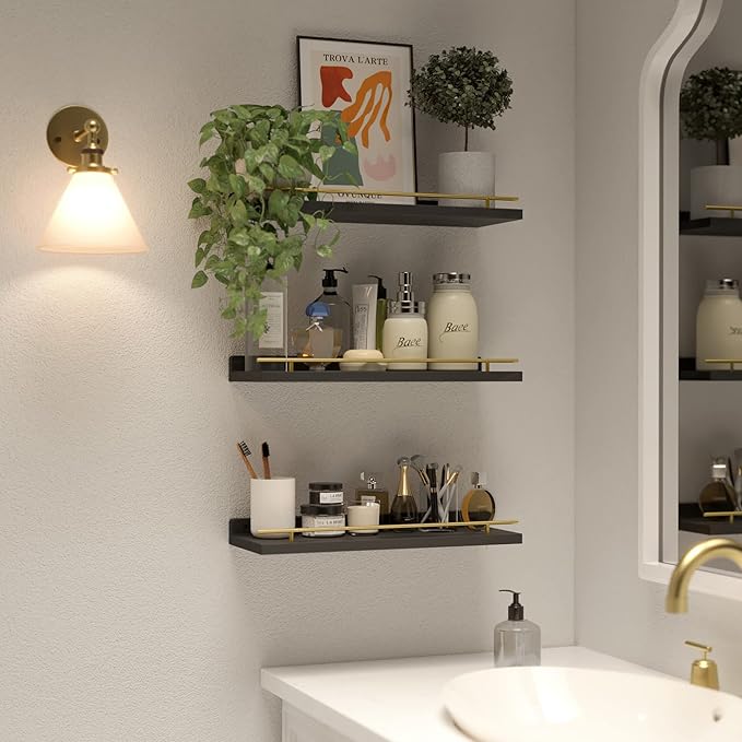 WOPITUES Floating Shelves with Gold Metal Guardrail, Shelves for Wall Decor Set of 3, Wall Shelves for Bedroom, Bathroom, Kitchen, Living Room, Plants, Picture Frames, Art- Black and Gold
