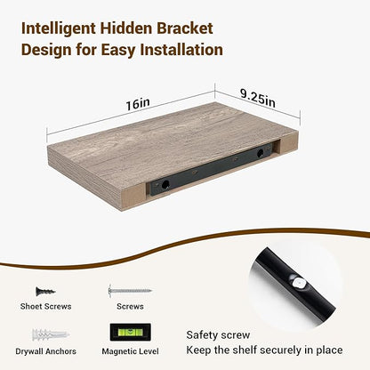 16 Inch Floating Shelves, 3D Textured Wood Grain, 16"x9.25"x1.5" Inch Deep Floating Shelves for Wall, Wooden Shelves for Bathroom, Bedroom, Living Room, Vintage Gray Oak, 2 Pieces