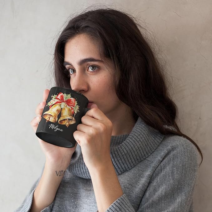 Christmas Jingle Bells Design Ceramic Mug, Custom Christmas Themed Cup With Name, Gift For Sibling, Personalized Coffee Mug With Jingle Bells Design, Customized Xmas Black Cup 11oz 15oz