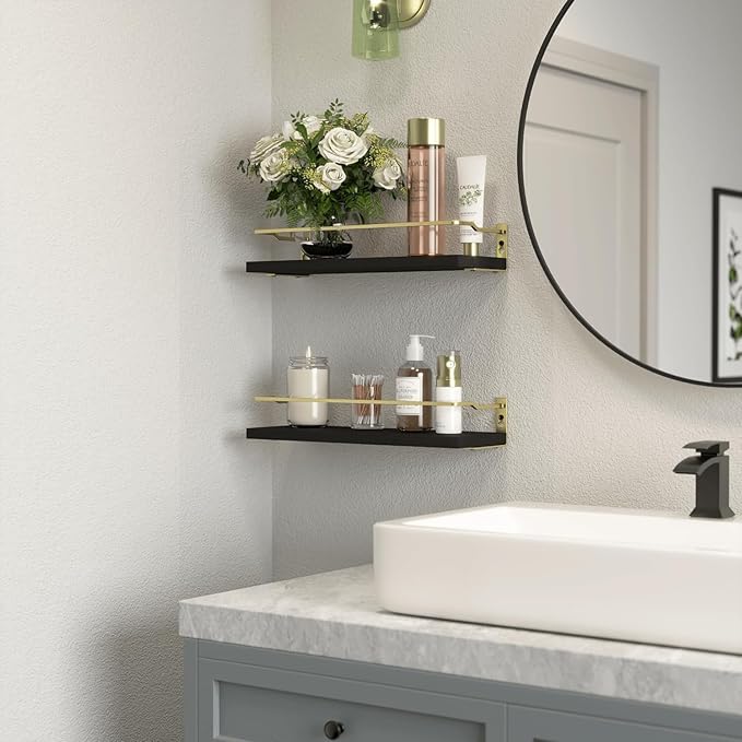 RICHER HOUSE Bathroom Floating Wall Shelf Set of 2 - Guard-Rail Small Wood Shelves for Decor, Over Toilet Storage, Kitchen Organizer - Black Gold