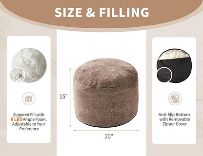 Round Pouf Ottoman 20"x15" Bean Bag Ottoman Soft Top Comfortable Small Foot Stool Foot Rest Pouf Brown Tall Footstool Ottomans Round Hassock Fluffy Boho Furniture Small Ottomans for Living Room