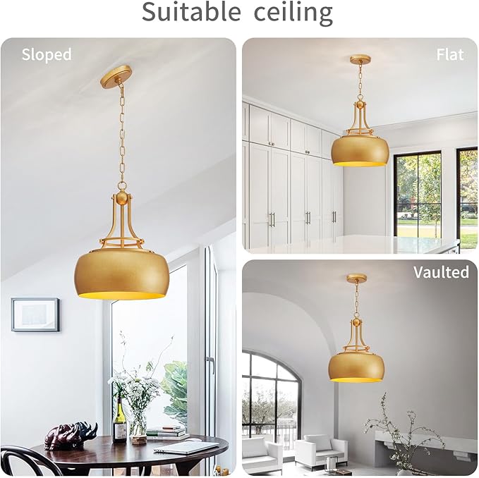 WUZUPS Chandelier Rustic Farmhouse Industrial Round Ceiling Pendant LED Light Fixture with Open Bottom Drum Shade, H 15.7" x W 13.4", Antique Gold