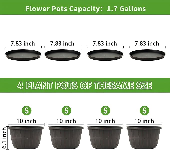 Quarut 10 inch Plastic Flower Pots for Outdoor Plants，4 Pack Large Outdoor Planter Pot with Drainage Holes & Saucers，Imitation Wine Barrel Design，for Indoor Outdoor Garden Plants（Brown）
