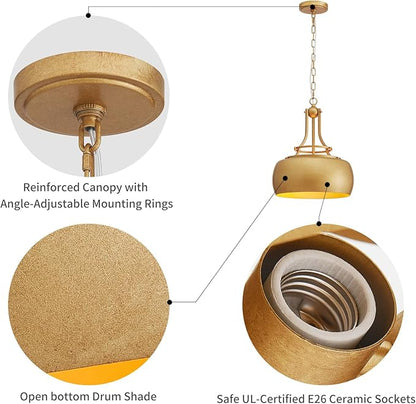 WUZUPS Chandelier Rustic Farmhouse Industrial Round Ceiling Pendant LED Light Fixture with Open Bottom Drum Shade, H 15.7" x W 13.4", Antique Gold