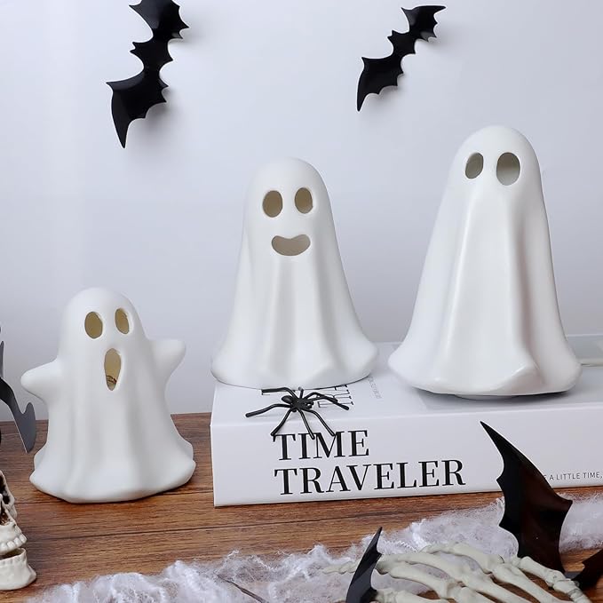 [Timer] Light Up Ghost Halloween Decor, 3 Pcs Ceramic Halloween Ghost Decorations Indoor, Cute White Ghost Figurines Statue for Indoor Decor Home Table (A)