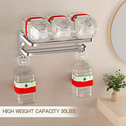 DDS-DUDES Bathroom Towel Rack Towel Shelf with Double Towel Bars Lavatory Wall Mount Holder with Hooks Stainless Steel Hotel Bath Rack 15 inches