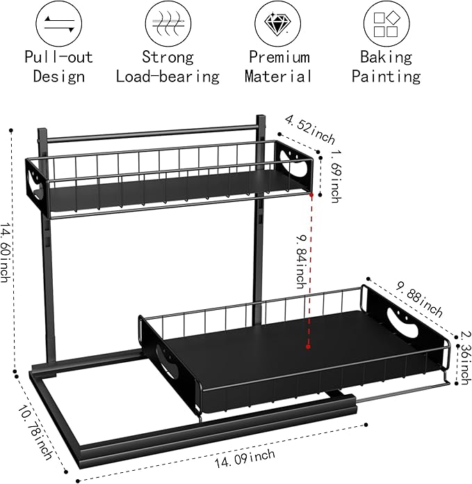 Under Sink Organizer with Pull-Out Drawers,Kitchen Sink Organizer,2 Tier Bathroom Organizers And Storage,Bathroom Accessories Set,Black 2 Pack